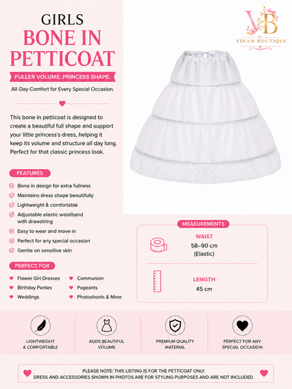 A product information card for a girls' petticoat from Vinam Boutique. The left side features pink and black text detailing the 'Girls Bone In Petticoat' features, measurements, and suitability, alongside a small illustration.