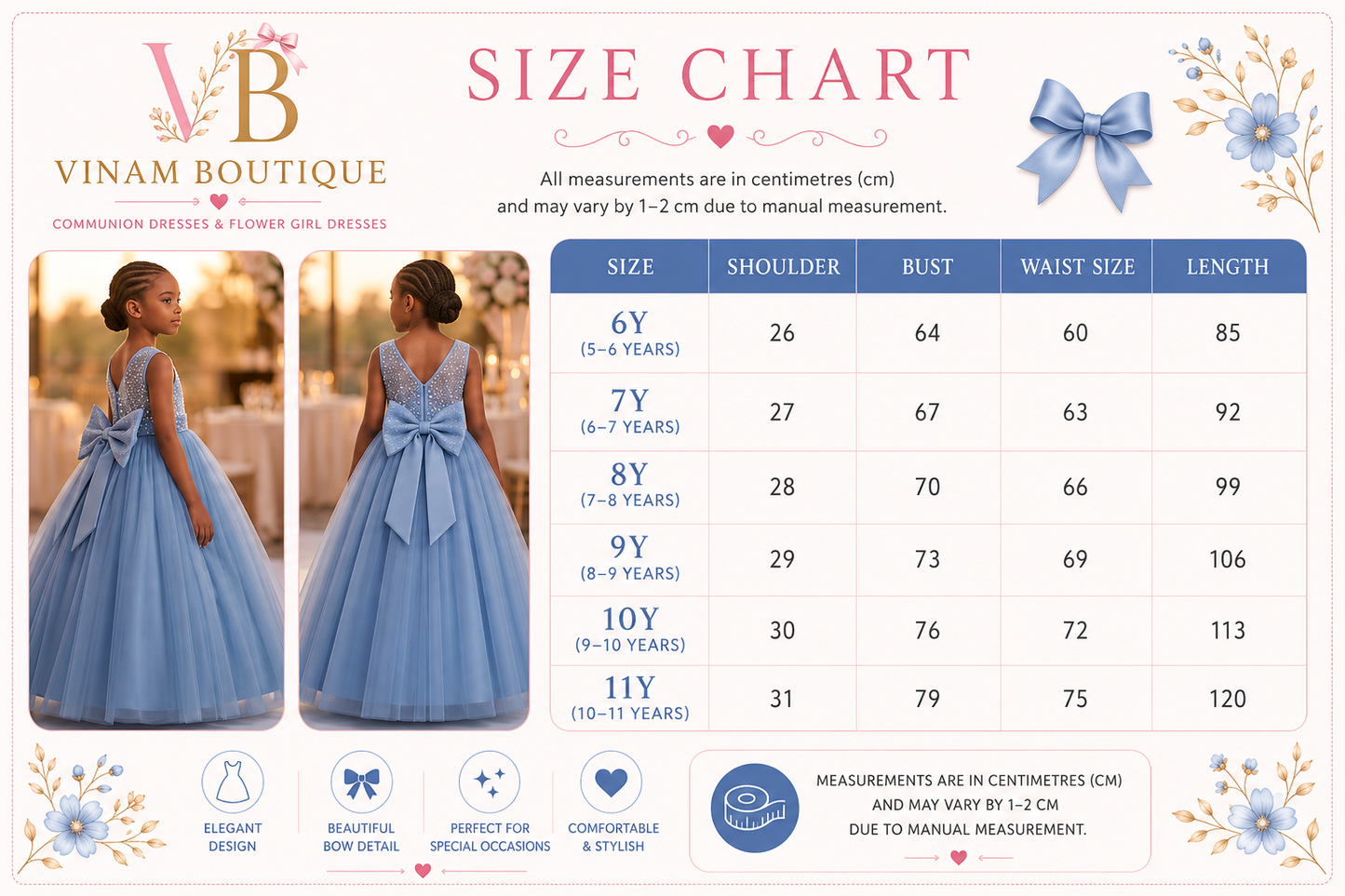 A size chart graphic for Vinam Boutique flower girl dresses, showing two photos of a young girl wearing a light blue bow-front dress from the front and back, alongside a size table from 6Y to 11Y with shoulder, bust, waist size, and length measurements in centimeters.
