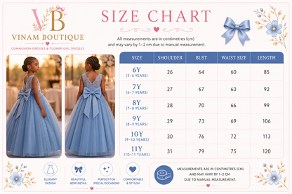 A size chart graphic for Vinam Boutique flower girl dresses, showing two photos of a young girl wearing a light blue bow-front dress from the front and back, alongside a size table from 6Y to 11Y with shoulder, bust, waist size, and length measurements in centimeters.