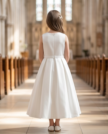 girl wearing a white satin dress