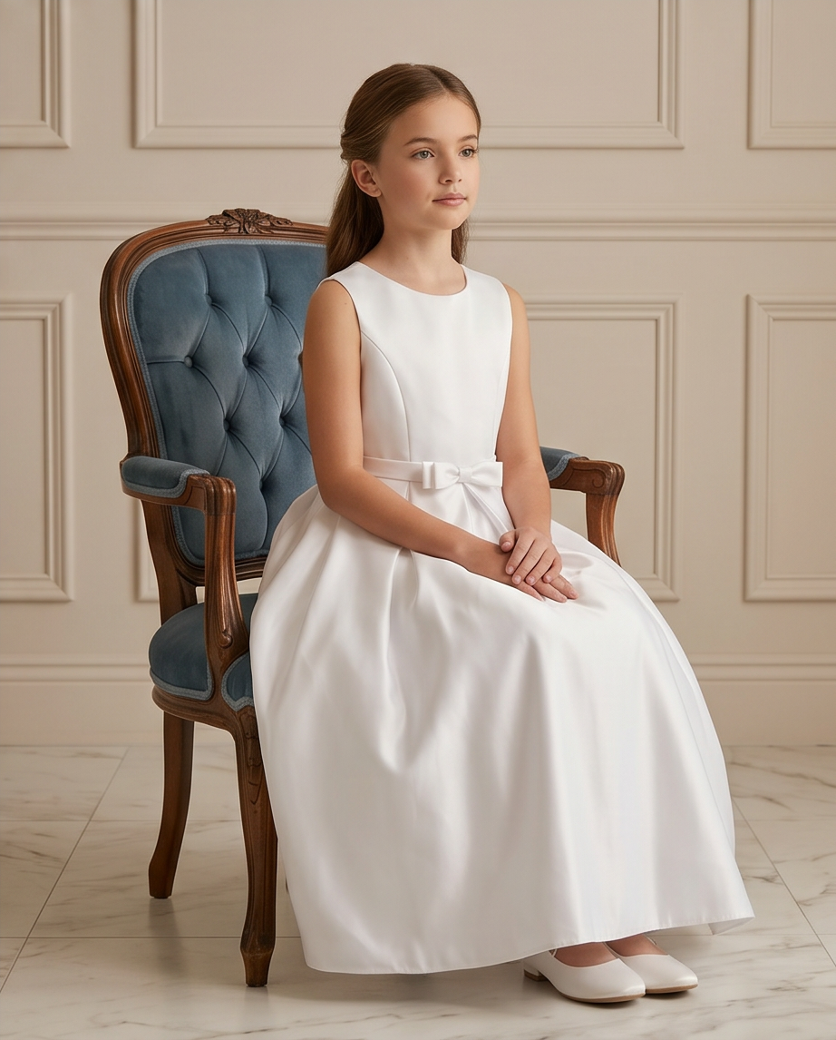 girl sitting in a chair wearing a white satin dress