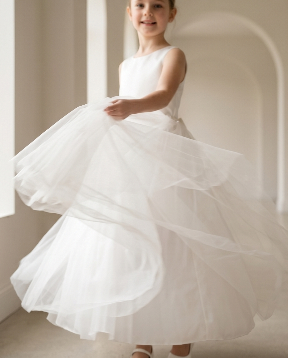 Young girl in a white dress standing in a softly lit room.