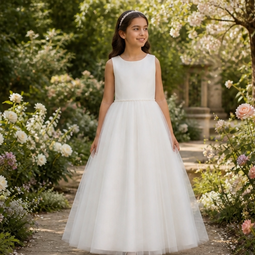 Young girl in a white dress standing in a garden with flowers and trees.