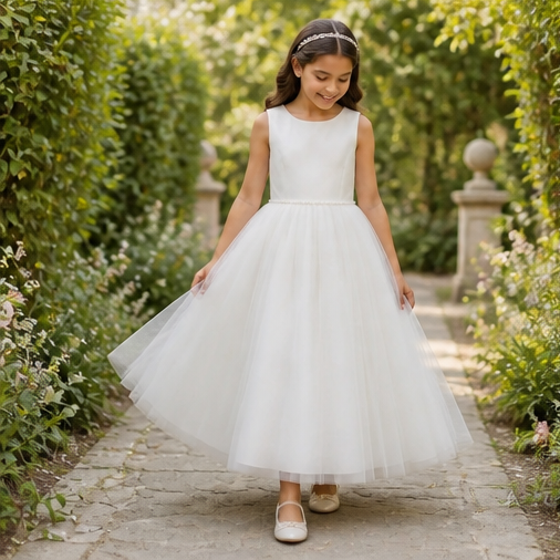 White satin and tulle girls formal dress