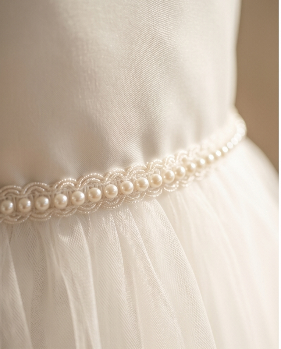 Pearl belt on a white dress with a soft focus background