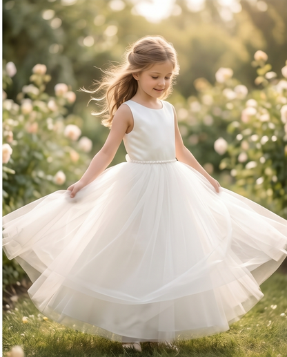 Young girl in a white dress standing in a garden with flowers.