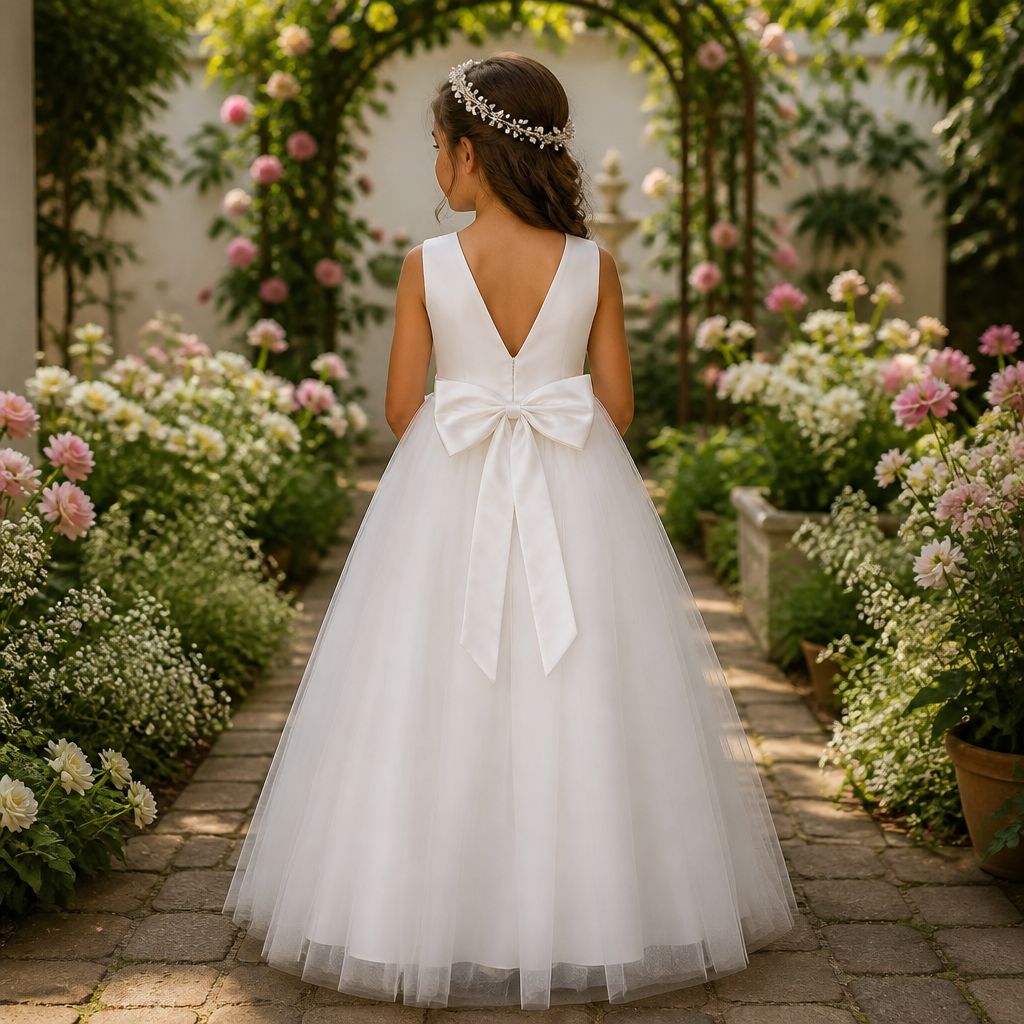 Young girl in a white dress with a large bow standing in a garden.