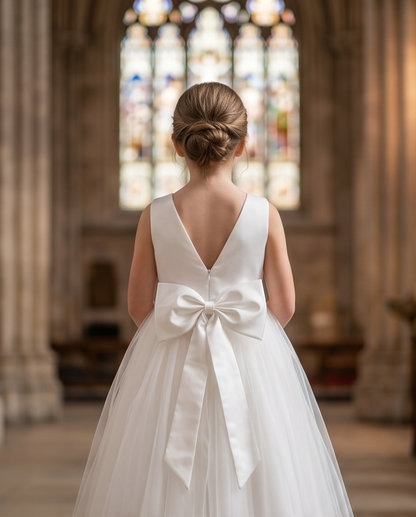 Person in a white dress with a large bow standing in front of stained glass windows in a cathedral.