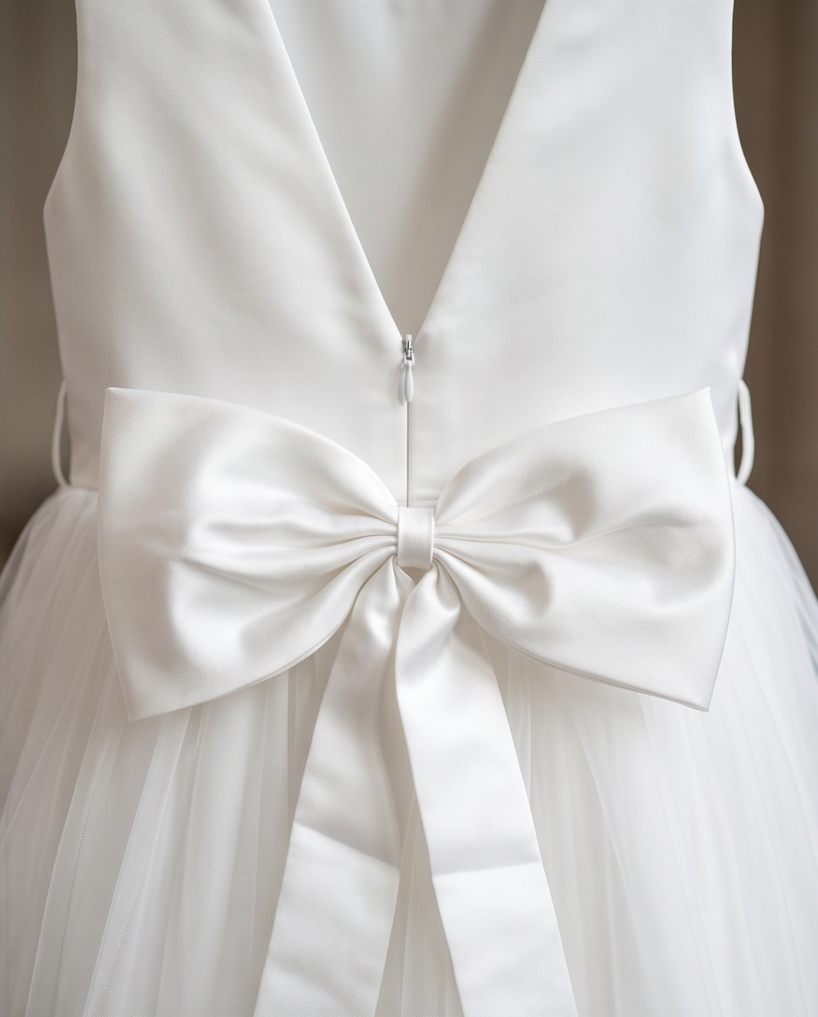 White dress with a large bow detail on a plain background