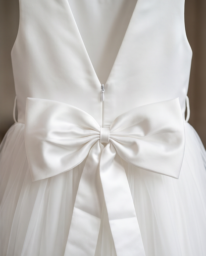 White dress with a large bow detail on a plain background