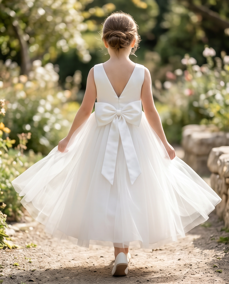 Young girl in a white dress with a large bow standing in a garden.