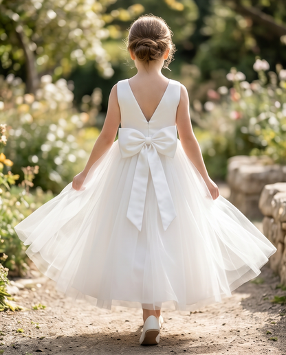 Young girl in a white dress with a large bow standing in a garden.