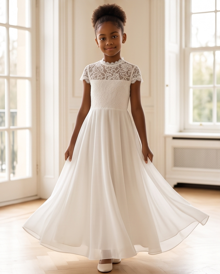 A young girl with her hair in a high bun stands in a bright room wearing a white A-line flower girl dress with a lace bodice and short cap sleeves. She is holding out the sides of her skirt to show its full flow.