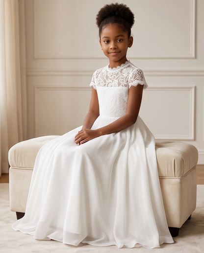 A young girl with her hair in a high puff bun sits on a cream-colored upholstered bench, wearing a white first communion dress with a lace high neck and cap sleeves.