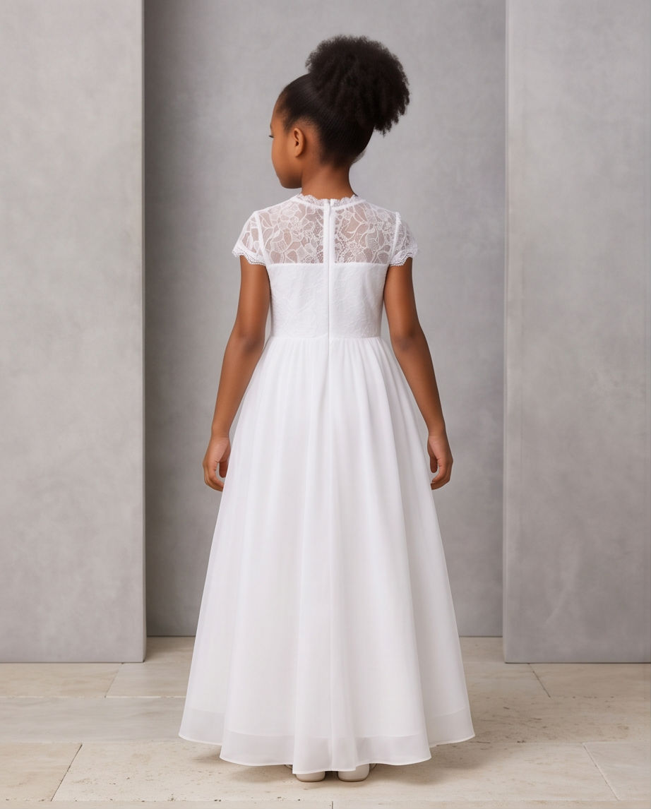 A young girl viewed from the back wearing a white A-line dress with a lace yoke and cap sleeves, standing against a textured gray wall.