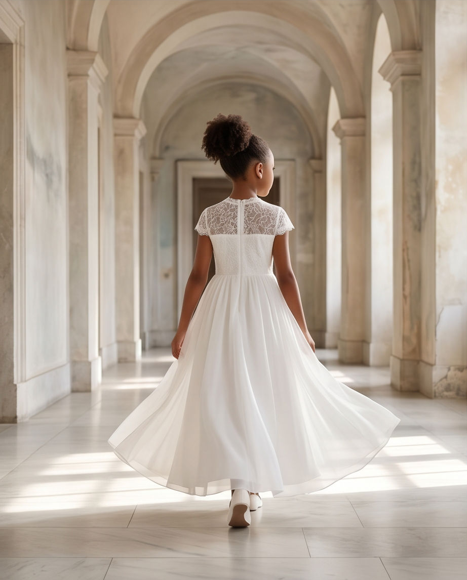 A young girl seen from behind wearing a white first communion dress with a lace back and short sleeves, standing in a sunlit stone hallway with arches.