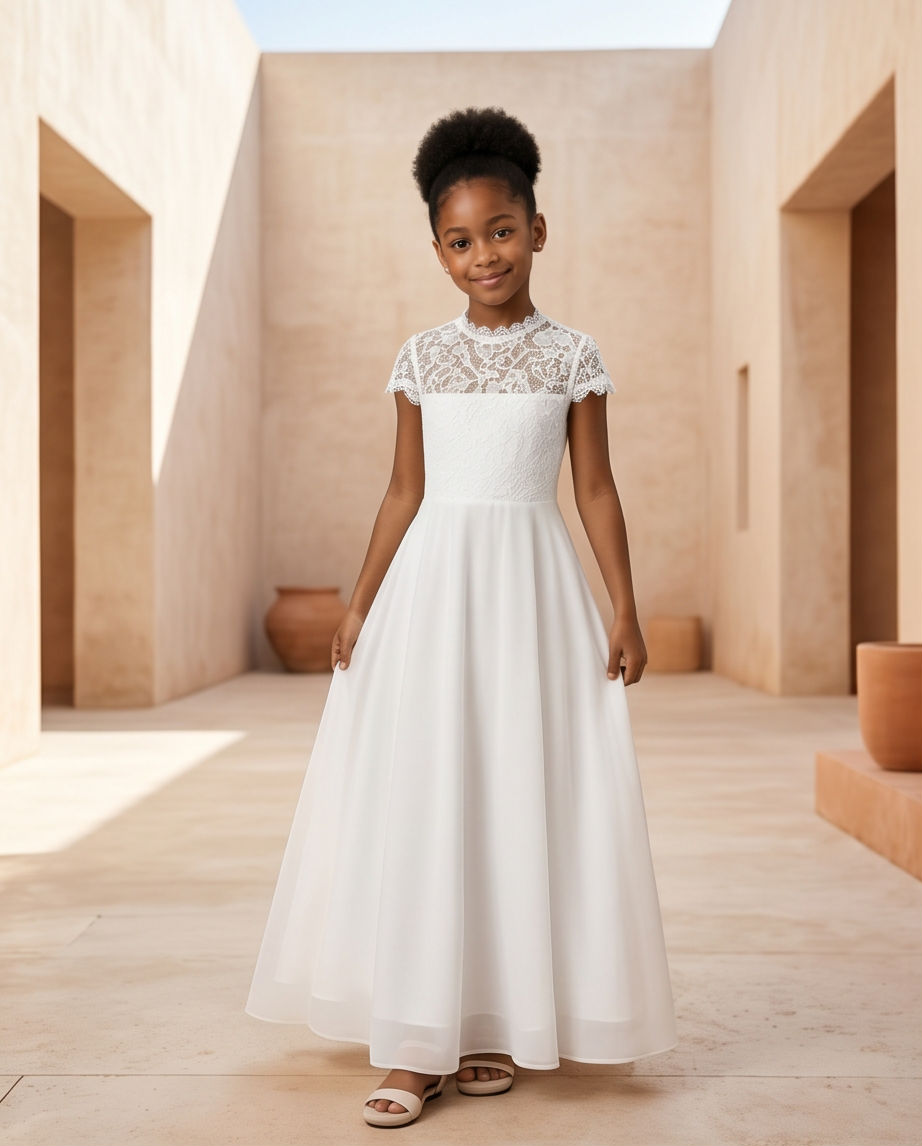 A young girl stands in a sunlit architectural courtyard wearing a long white dress with a lace yoke and short cap sleeves, paired with neutral sandals.
