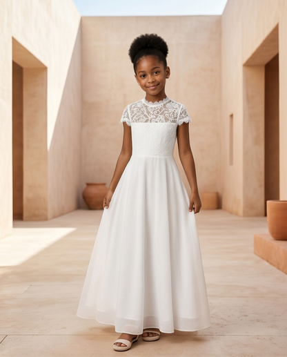 A young girl stands in a sunlit architectural courtyard wearing a long white dress with a lace yoke and short cap sleeves, paired with neutral sandals.
