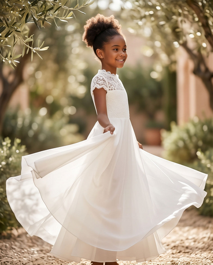 A young girl with her hair in a high bun is wearing a white A-line flower girl dress with lace cap sleeves and twilly front pockets, captured mid-spin as her dress flares out. The photo is taken outdoors in a sun-dappled garden setting.