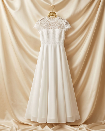 An off-white A-line dress with a lace yoke and cap sleeves hangs on a gold hanger against a draped beige satin fabric backdrop.