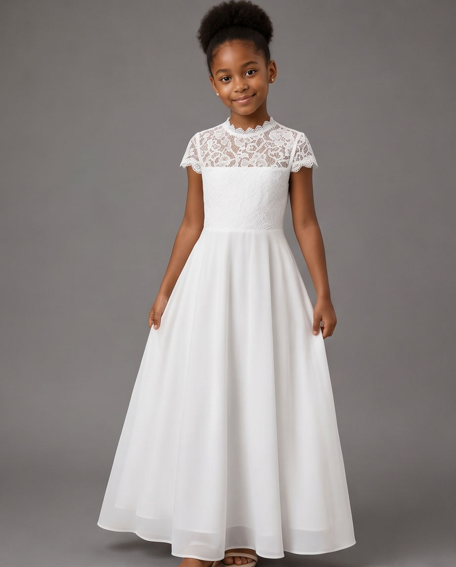A young girl wearing a white formal dress with a lace high neck and cap sleeves, standing against a solid gray studio background.