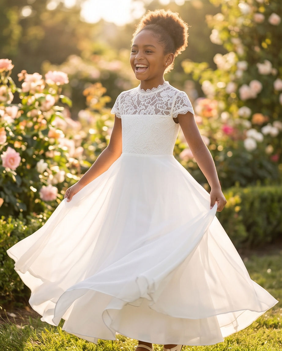 A young girl smiling and twirling in a white A-line flower girl dress with a lace bodice and short cap sleeves, set against a warm, sunlit garden background of blooming pink roses.