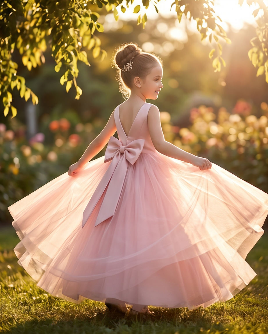 A young girl wearing a light pink sleeveless tulle dress with a large bow at the back, standing outdoors in a sunlit garden and holding out the sides of the skirt.