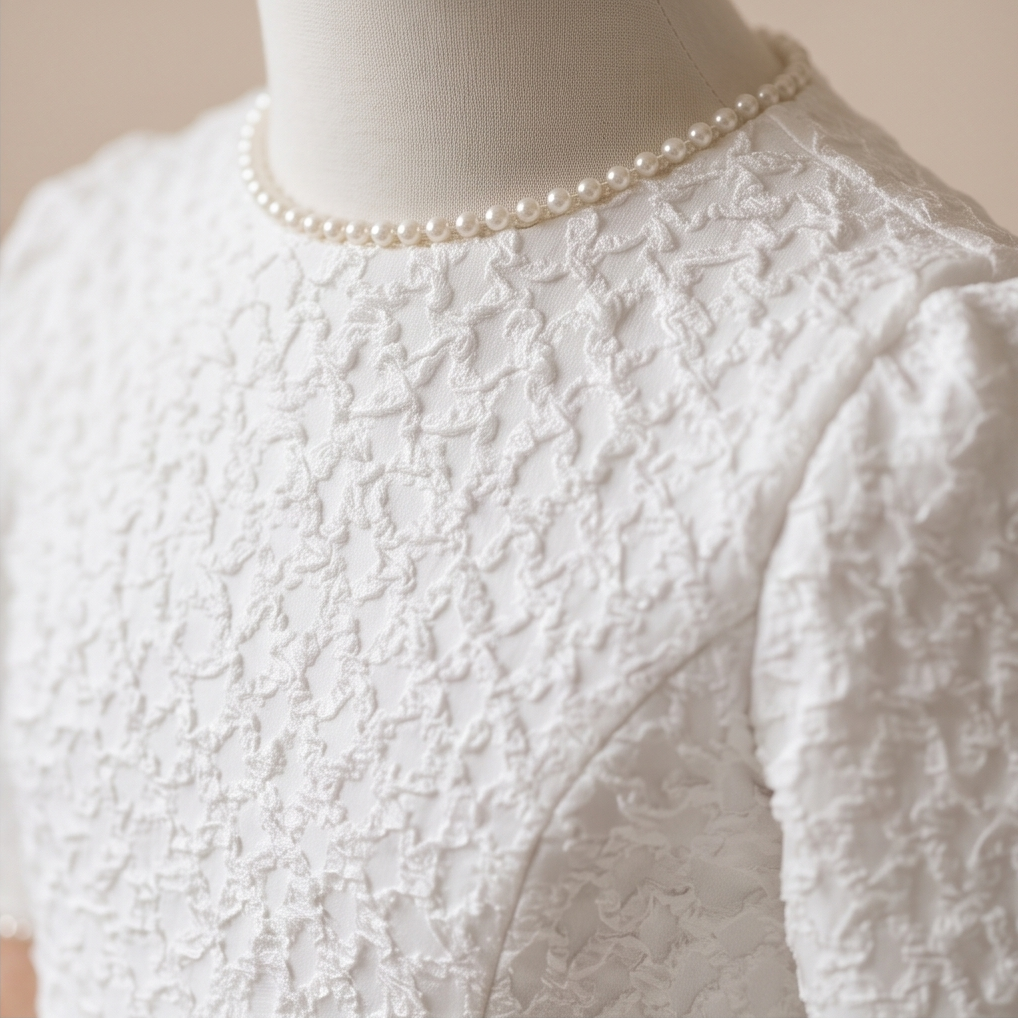 White lace short-sleeve top on a mannequin torso, styled with a pearl necklace against a soft beige background.