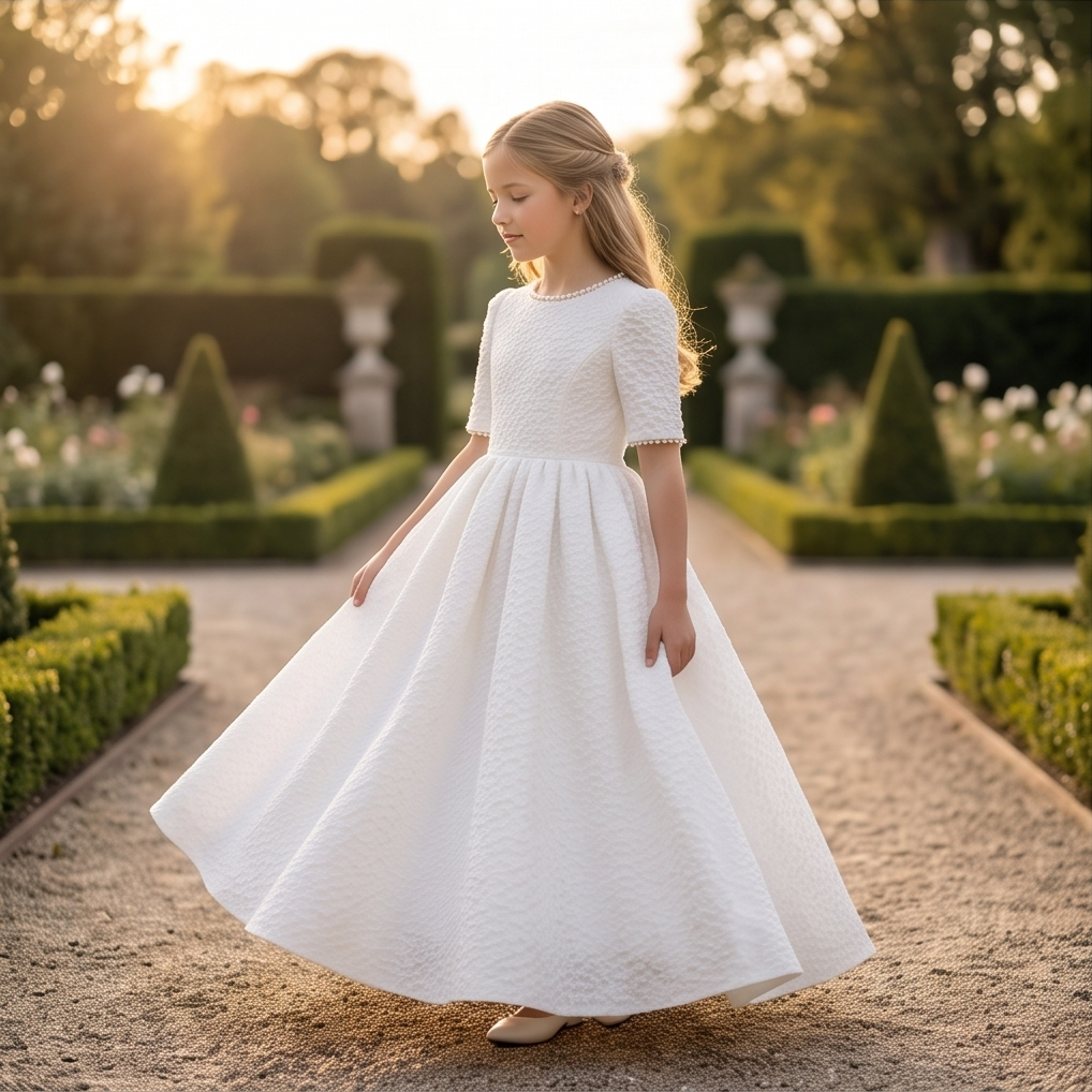 A young girl with blonde hair wearing a white short-sleeved A-line dress with a textured pattern, standing in a formal garden path during golden hour.
