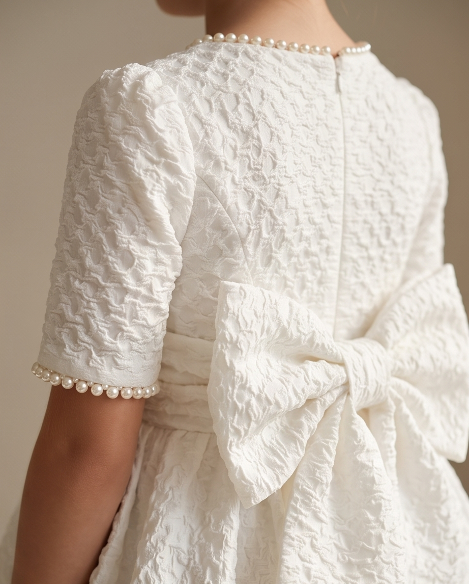 Close-up back view of a child wearing a textured ivory dress with short sleeves, pearl trim at the cuffs and neckline, and a large bow at the back waist.