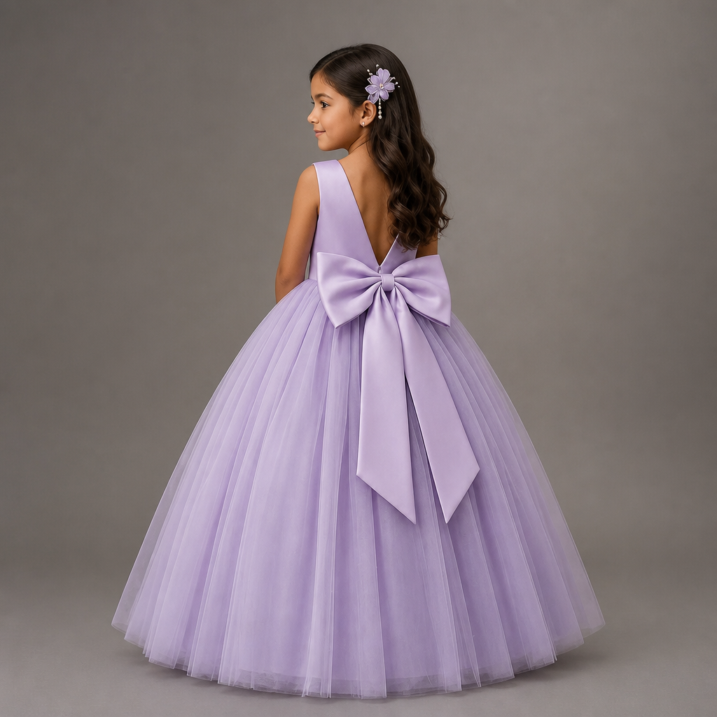 A young girl with long dark wavy hair is shown from the back wearing a lavender purple ballgown with a large bow at the back. She is wearing a small lavender hair flower accessory.