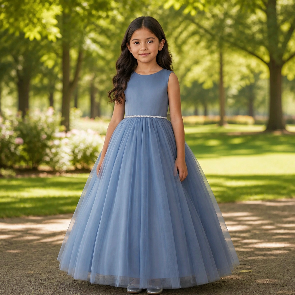 A young girl stands outdoors in a sunlit park wearing a sleeveless dusty blue ball gown with a full tulle skirt and a thin light waistband.
