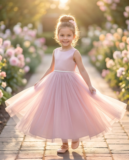 A young girl with her hair in a bun wearing a sleeveless light pink dress with a pleated tulle skirt, standing on a stone path in a sunlit garden with pink flowers.