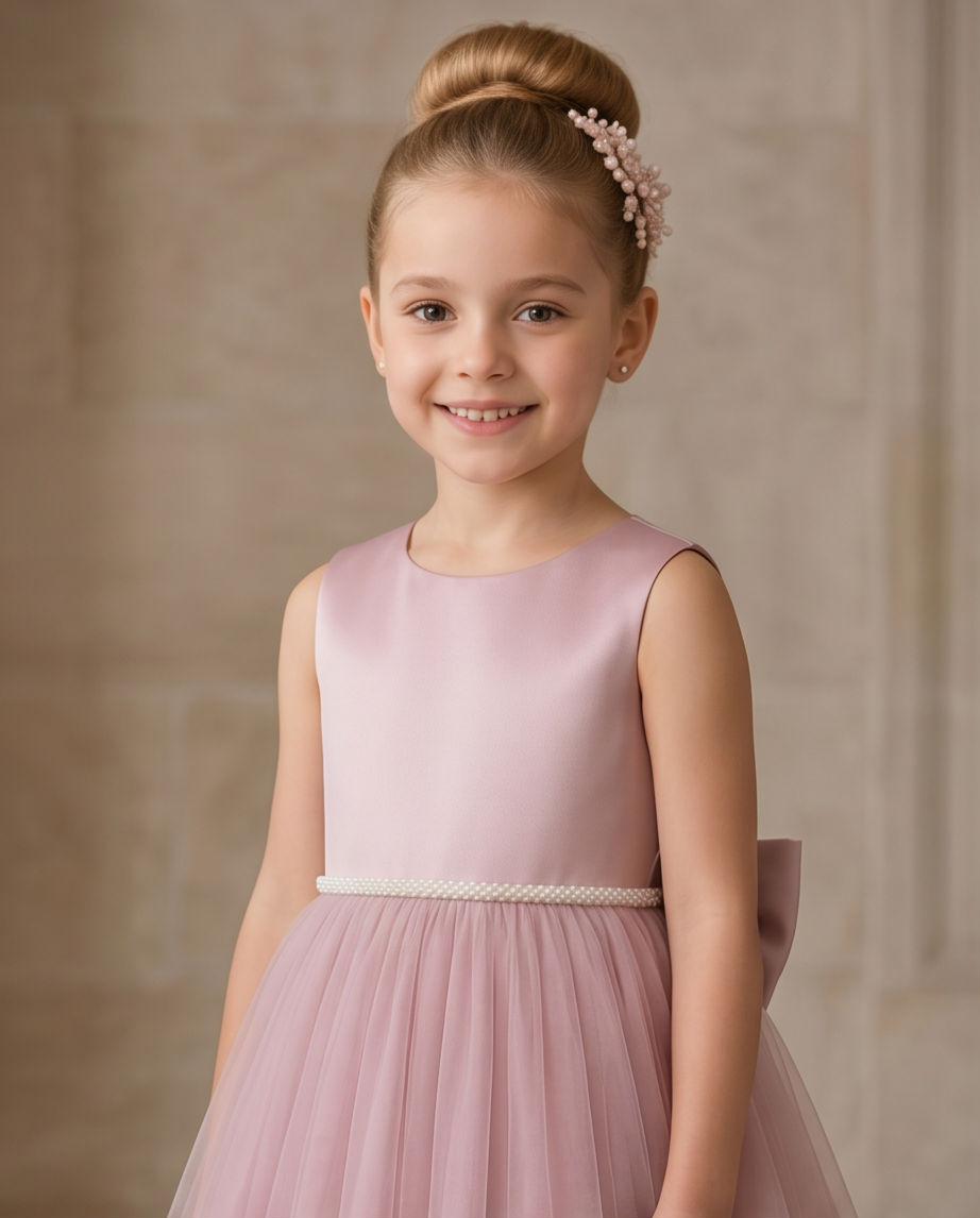 A young girl with her hair in a high bun and a floral hair clip, wearing a sleeveless dusty pink formal dress with a tulle skirt and a pearl-embellished waistband, standing against a neutral beige background.