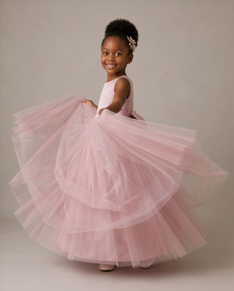 A young girl with her hair in a high bun wearing a light pink sleeveless dress with a voluminous, layered tulle skirt, posing and twirling to show off the dress against a neutral studio backdrop.