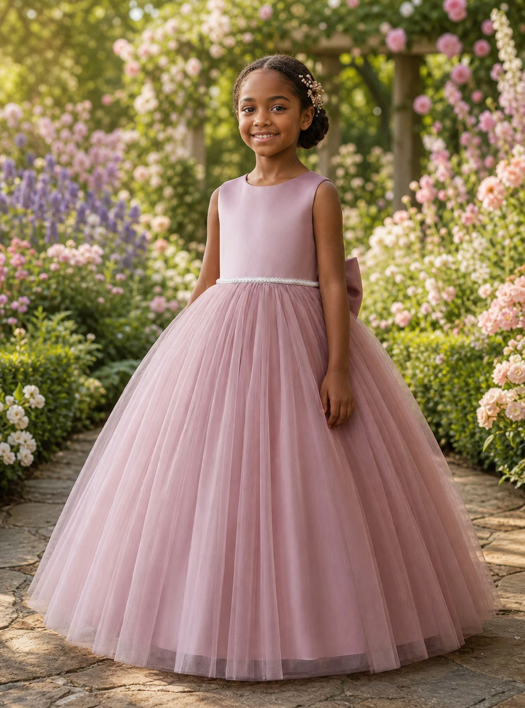 A young girl stands in a sunlit garden wearing a sleeveless dusty pink ball gown with a fitted bodice, a thin white waistband, and a full tulle skirt.