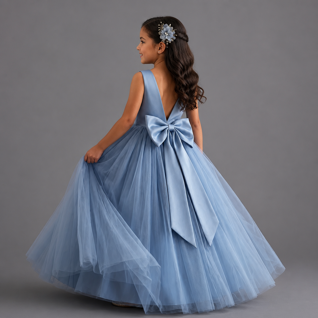 A young girl with long dark wavy hair wearing a light blue sleeveless ball gown with a large bow at the back, photographed from behind against a plain gray studio background.