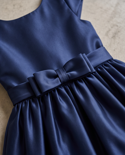 Close-up of a navy blue satin dress with a wide waistband and large bow detail, laid flat on a light textured surface.