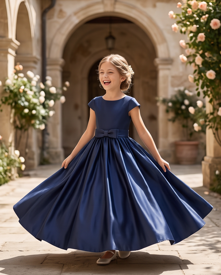 A young girl wearing a navy blue formal dress with a bow at the waist, captured mid-spin as she twirls in a sunlit stone courtyard with arches and blooming flowers.