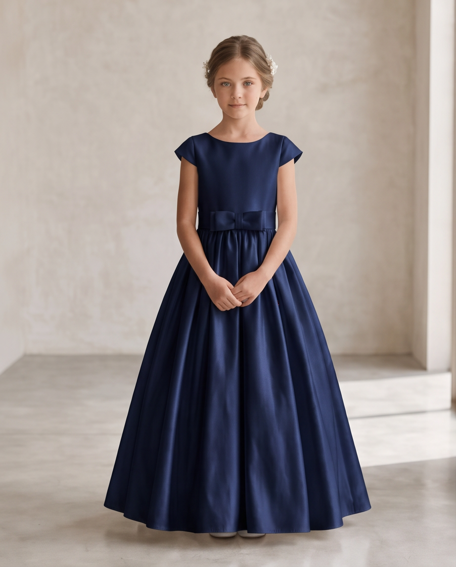 A young girl wearing a navy blue satin ball gown with cap sleeves and a matching waist bow, standing in a neutral studio setting.