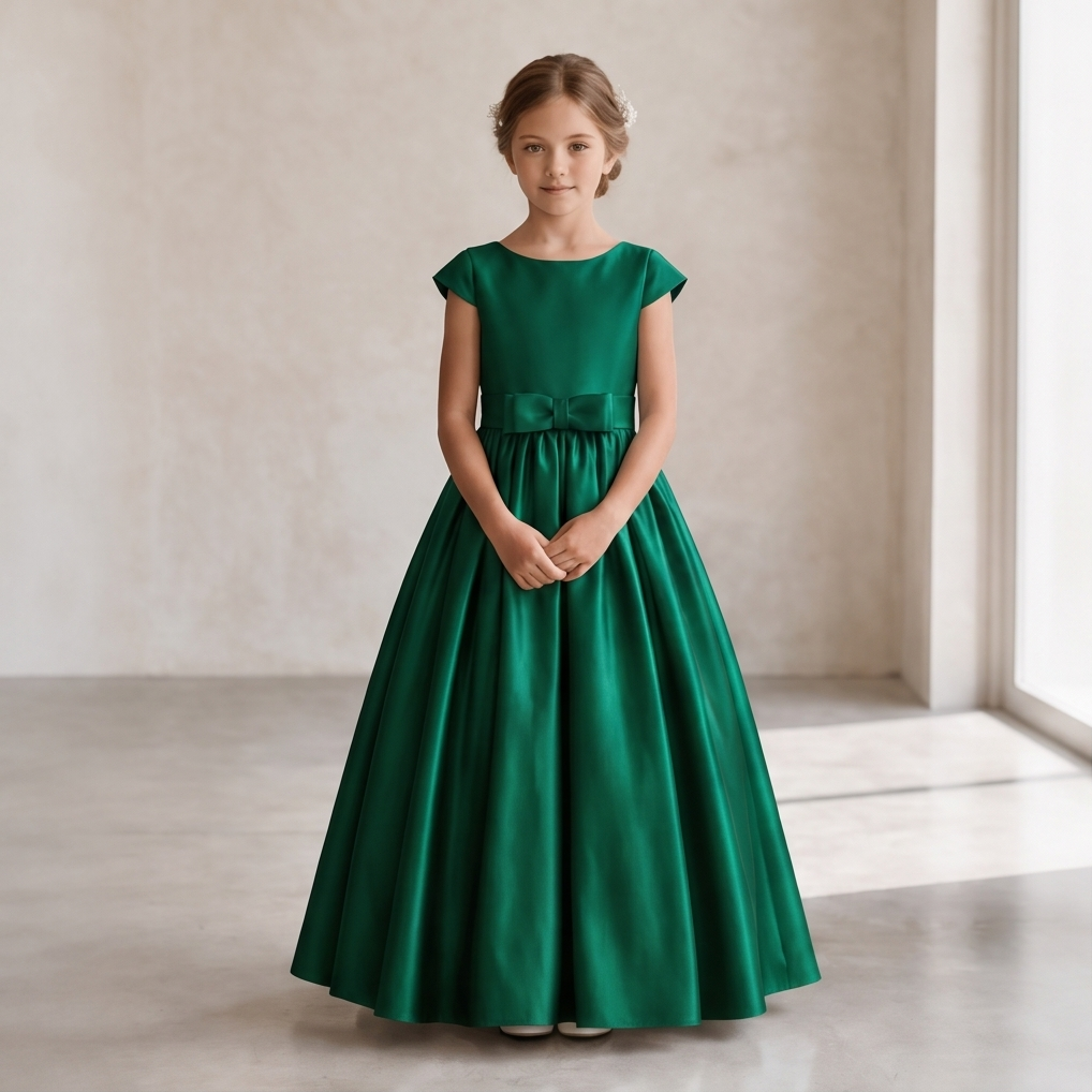 A young girl stands in a bright indoor room wearing a floor-length emerald green satin dress with cap sleeves, a round neckline, and a matching waist bow.