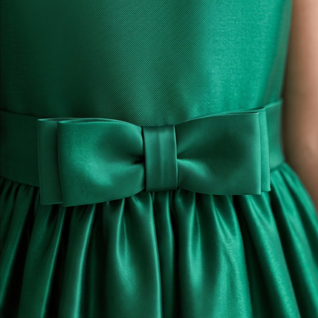 Close-up of a green satin dress with a wide matching bow at the waist.