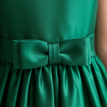 Close-up of a green satin dress with a wide matching bow at the waist.