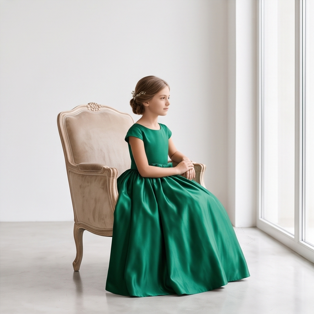 A young girl with her hair in a bun sits in a beige armchair by a large window, wearing a floor-length emerald green satin dress with short sleeves.
