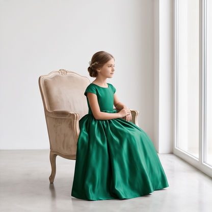 A young girl with her hair in a bun sits in a beige armchair by a large window, wearing a floor-length emerald green satin dress with short sleeves.
