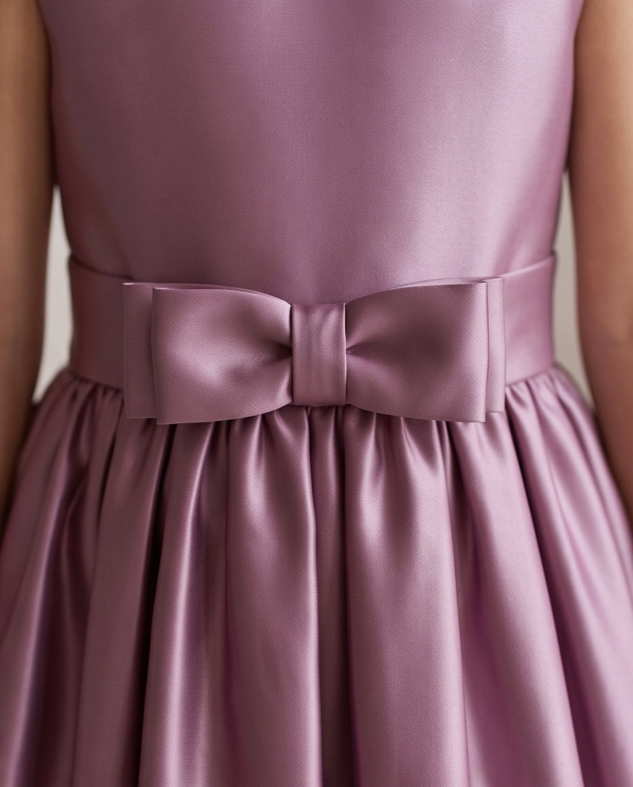Close-up of a sleeveless satin dress in a dusty mauve-purple color, featuring a wide matching waistband with a large bow and a gathered skirt.