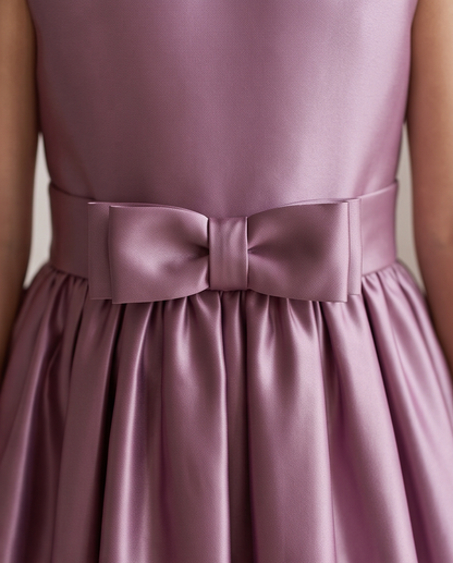 Close-up of a sleeveless satin dress in a dusty mauve-purple color, featuring a wide matching waistband with a large bow and a gathered skirt.