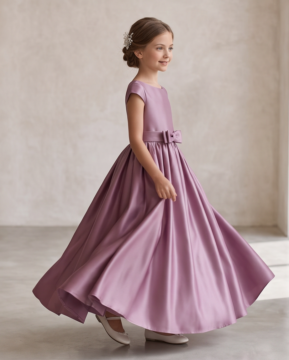 A young girl with her hair in a bun models a lavender purple satin flower girl dress with a bow at the waist, set against a neutral textured beige studio background.
