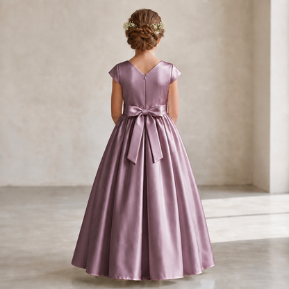 A young girl viewed from behind wearing a floor-length lavender satin dress with cap sleeves and a large bow at the back waist, standing in a softly lit indoor setting.