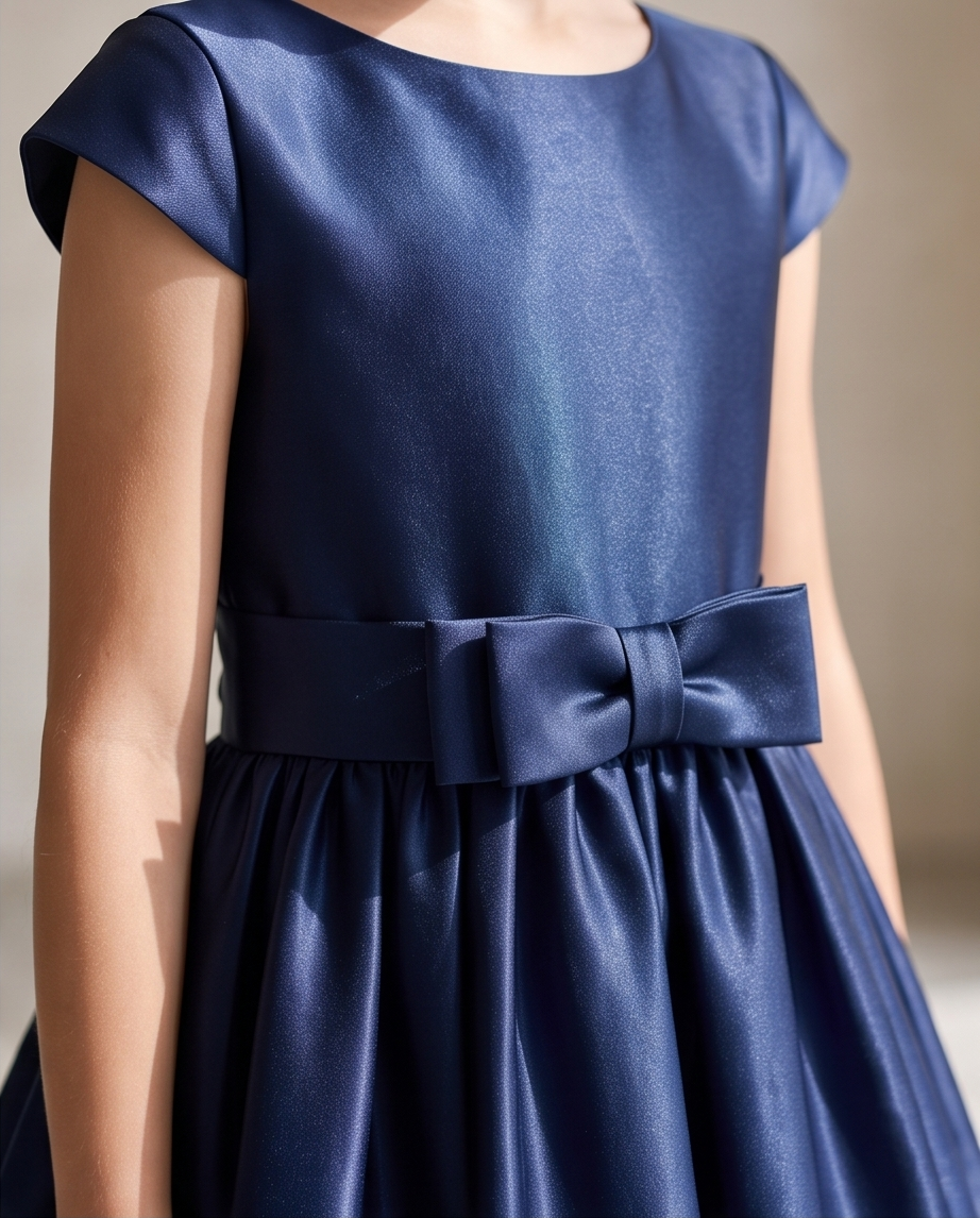 A close-up of a child wearing a navy blue satin dress with cap sleeves and a matching bow belt at the waist.